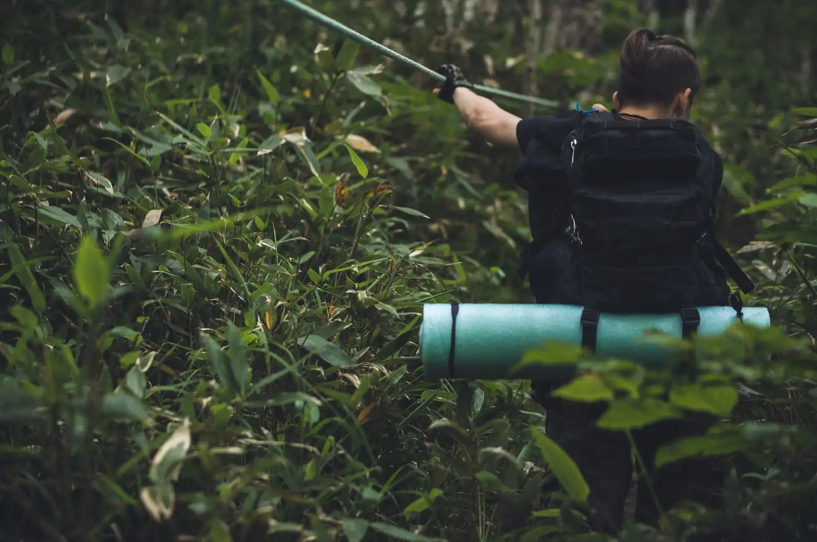 A person hiking through lush jungle with a backpack and rolled mat in tow.